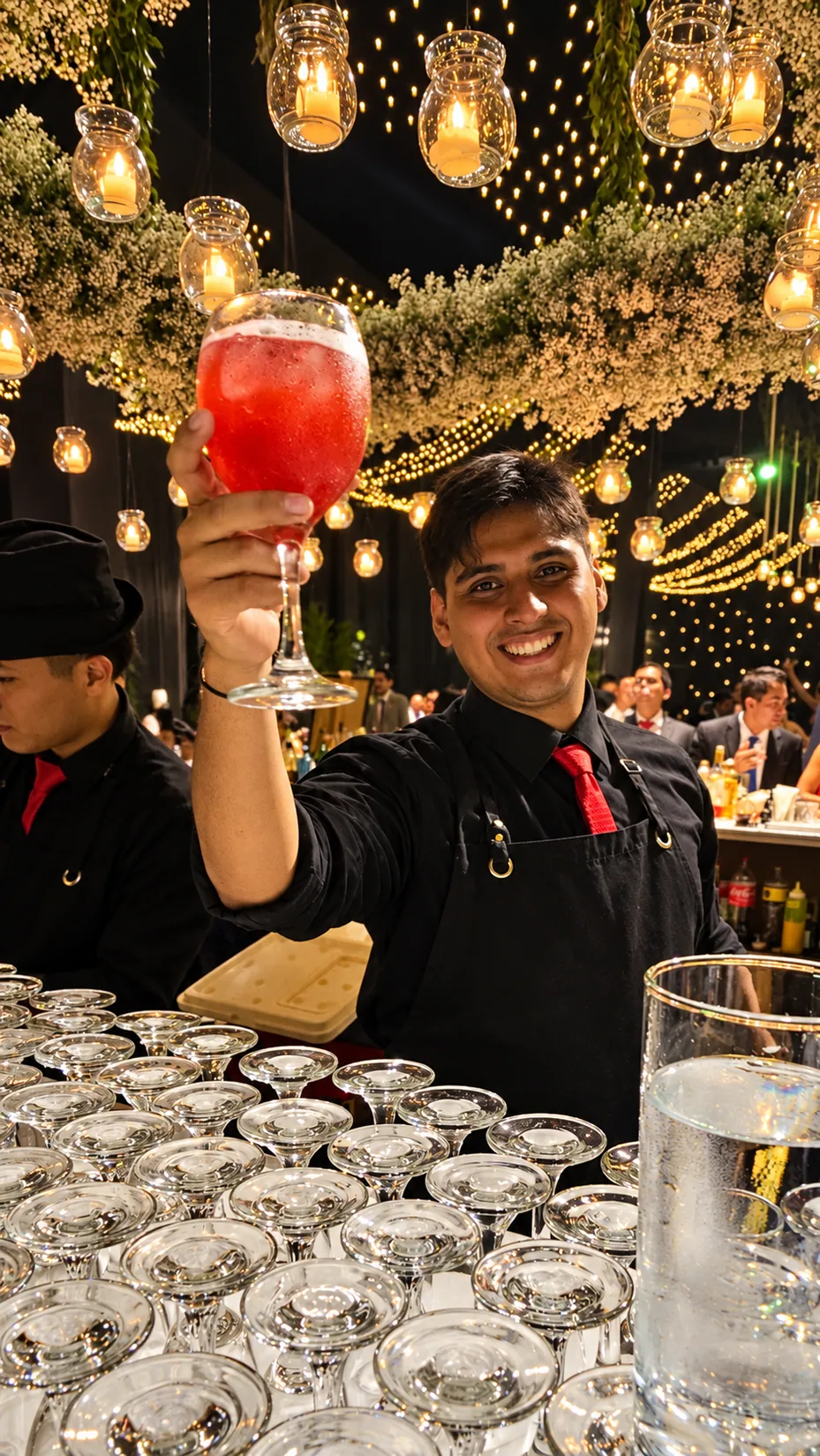 Bartender con cóctel rojo en una celebración