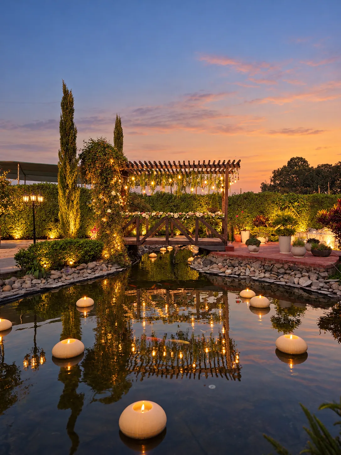 Puente, laguna y luces de atardecer en Finca Villaggio